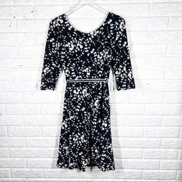 BODEN Black & White Floral Midi Dress with ribbon belt Size 2 - Picture 1 of 12